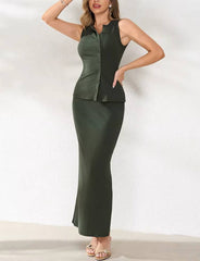 Casual Sleeveless Single-Breasted Tank Top And Pencil Long Skirt Two-Piece Set Mssza