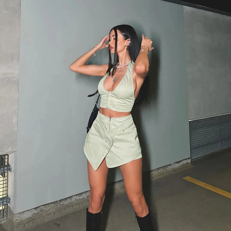 Casual Sleeveless Solid Backless Tank Tops Shorts 2 Piece Set Mssza