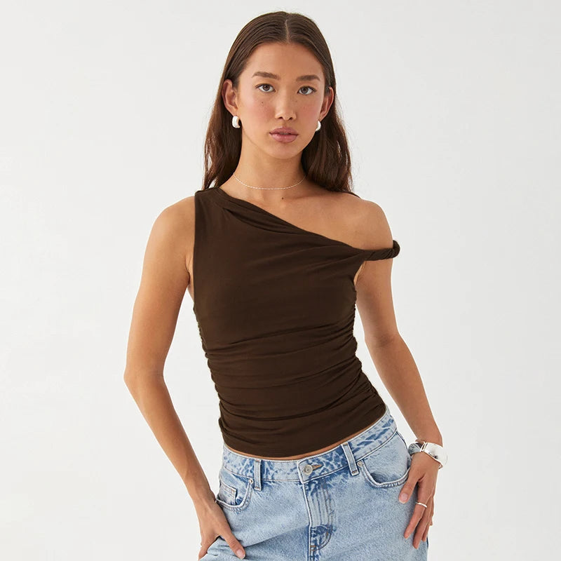Casual Sleeveless Solid Color Off Shoulder Side Ruched Crop Tops Mssza