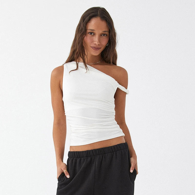 Casual Sleeveless Solid Color Off Shoulder Side Ruched Crop Tops Mssza