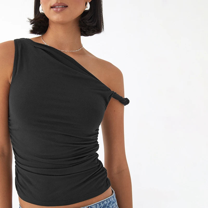 Casual Sleeveless Solid Color Off Shoulder Side Ruched Crop Tops Mssza