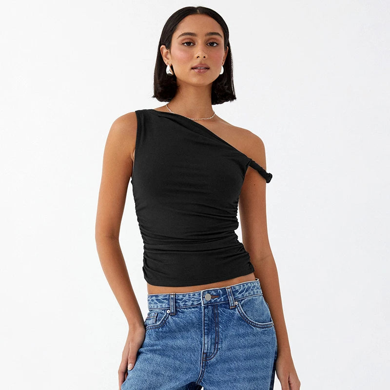 Casual Sleeveless Solid Color Off Shoulder Side Ruched Crop Tops Mssza