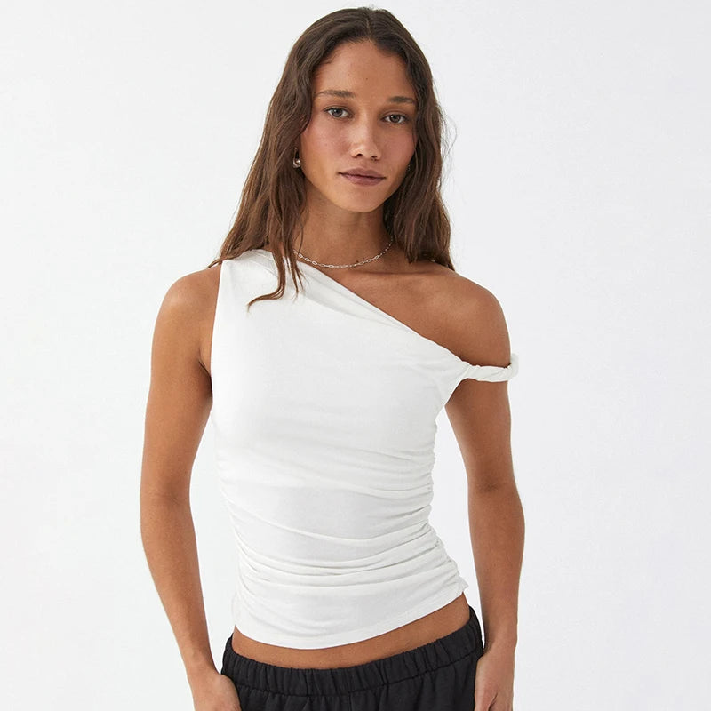 Casual Sleeveless Solid Color Off Shoulder Side Ruched Crop Tops Mssza