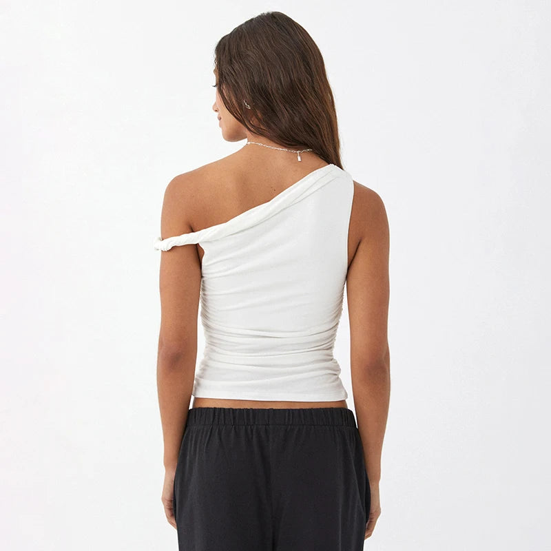 Casual Sleeveless Solid Color Off Shoulder Side Ruched Crop Tops Mssza