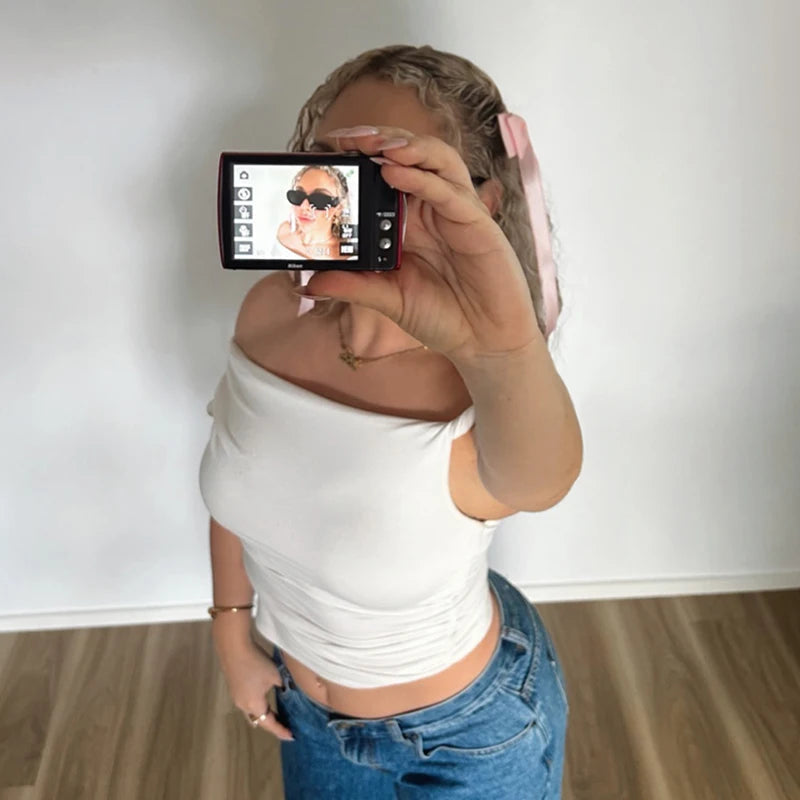Casual Sleeveless Solid Color Off Shoulder Side Ruched Crop Tops Mssza