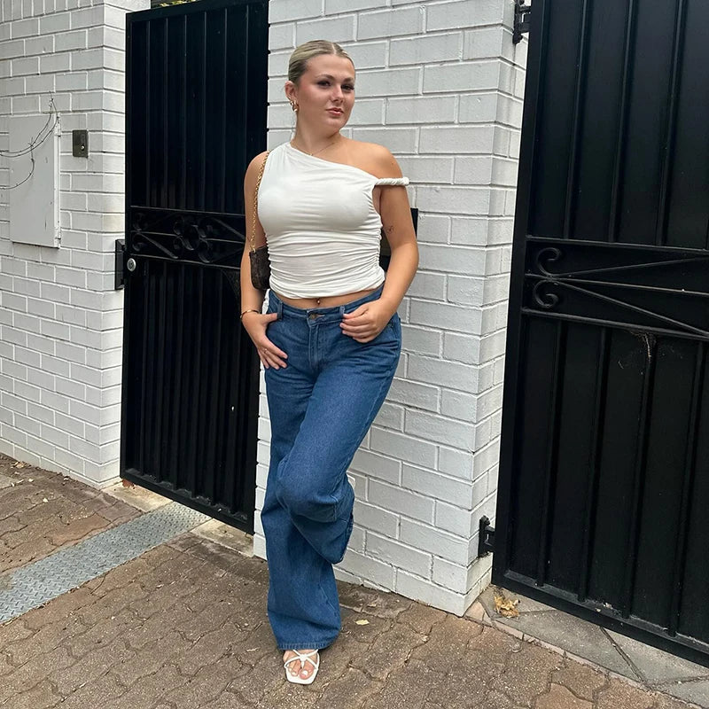 Casual Sleeveless Solid Color Off Shoulder Side Ruched Crop Tops Mssza