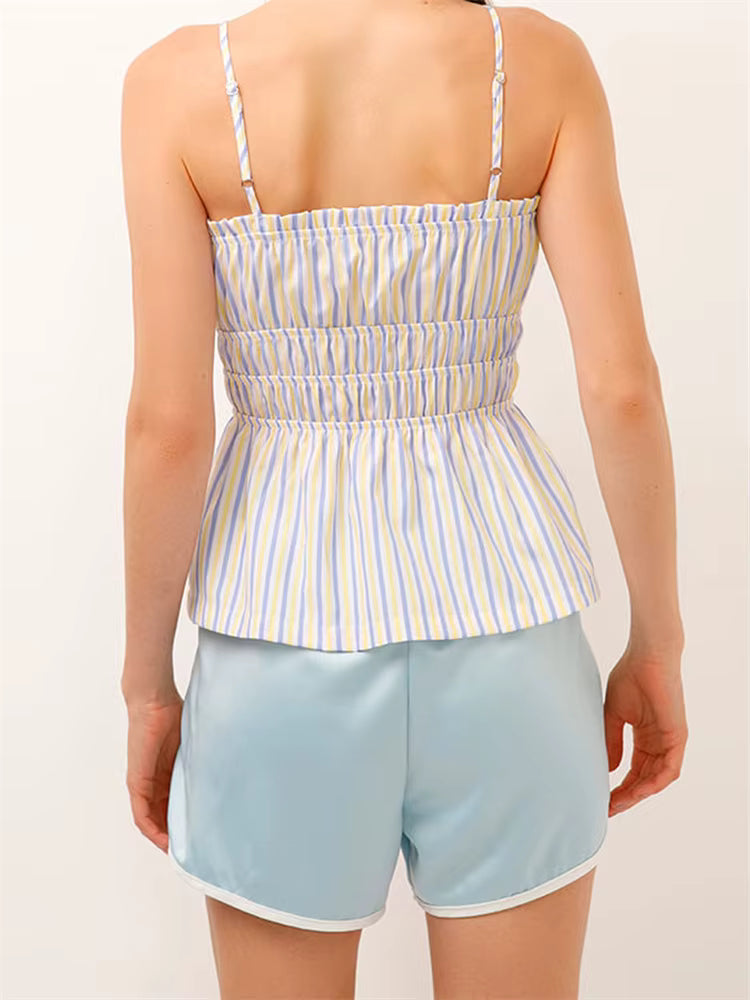 Casual Sleeveless Strap Backless Striped Print Tops And Ruffles Hem Vest Shorts Mssza