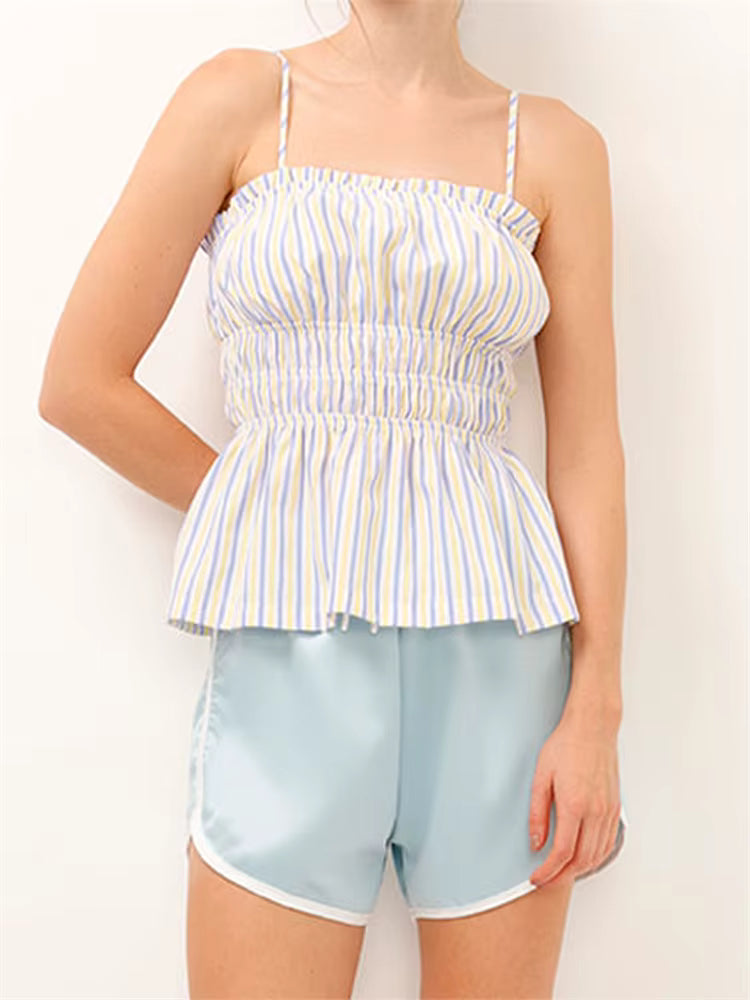 Casual Sleeveless Strap Backless Striped Print Tops And Ruffles Hem Vest Shorts Mssza