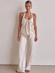 Casual Sleeveless Tank Top With High Waist Wide Pants Loose Satin 2 Piece Sets Mssza