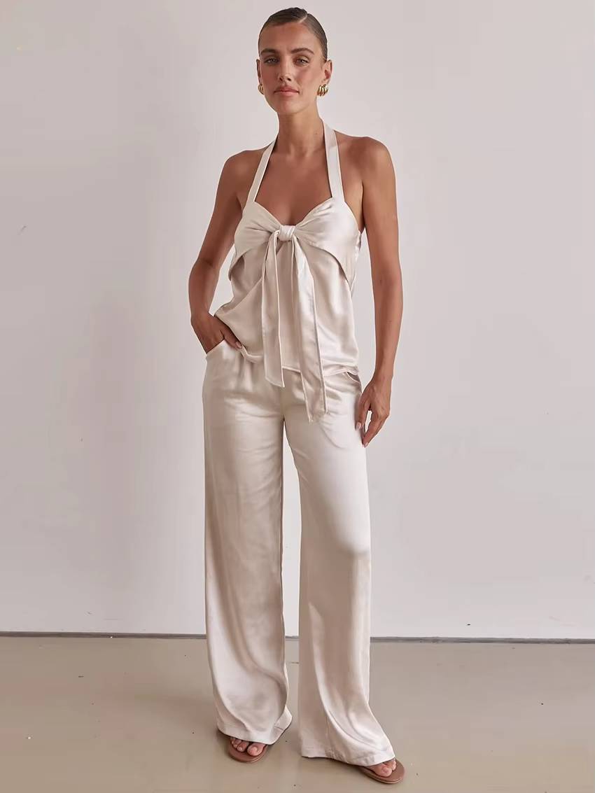 Casual Sleeveless Tank Top With High Waist Wide Pants Loose Satin 2 Piece Sets Mssza