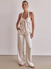 Casual Sleeveless Tank Top With High Waist Wide Pants Loose Satin 2 Piece Sets Mssza
