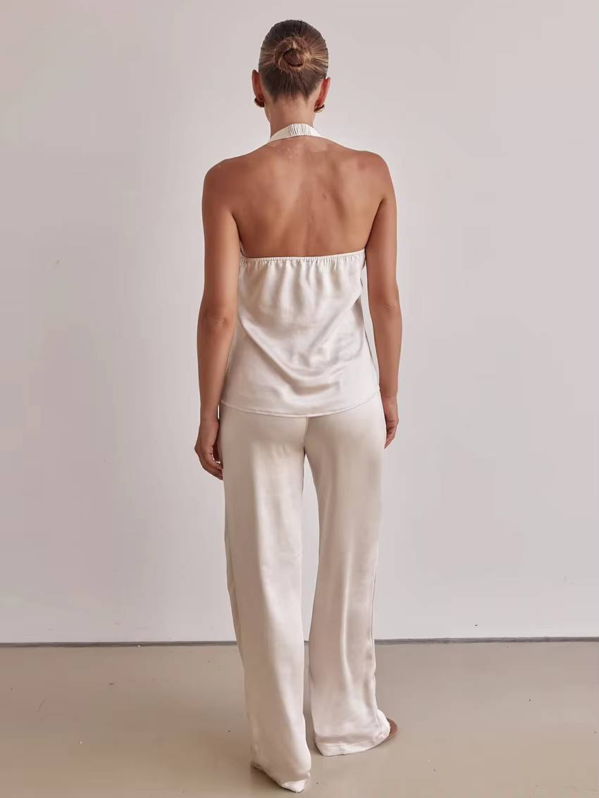 Casual Sleeveless Tank Top With High Waist Wide Pants Loose Satin 2 Piece Sets Mssza