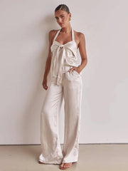 Casual Sleeveless Tank Top With High Waist Wide Pants Loose Satin 2 Piece Sets Mssza