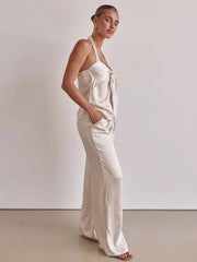 Casual Sleeveless Tank Top With High Waist Wide Pants Loose Satin 2 Piece Sets Mssza