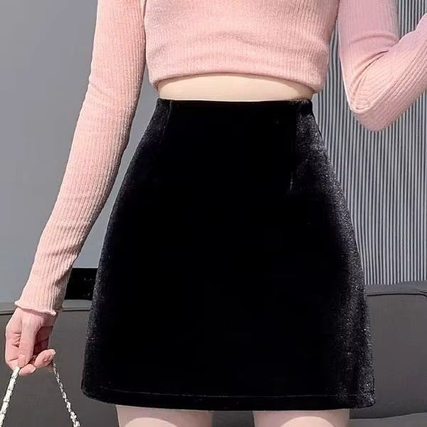 Casual Slim Empire Folds High Waist A-Line Velvet Medium Stretch Mini Skirts Mssza