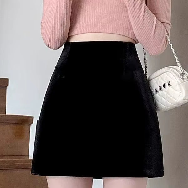 Casual Slim Empire Folds High Waist A-Line Velvet Medium Stretch Mini Skirts Mssza