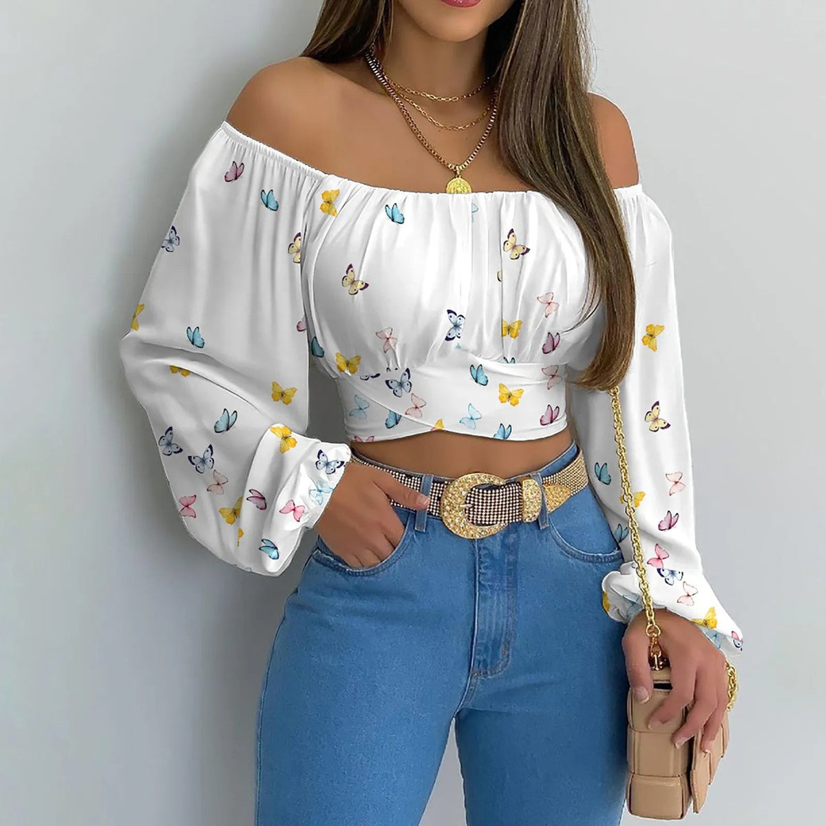 Casual Slim Off Shoulder Lantern Long Sleeve Lace Up Printed Cropped Tops Mssza