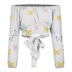 Casual Slim Off Shoulder Lantern Long Sleeve Lace Up Printed Cropped Tops Mssza