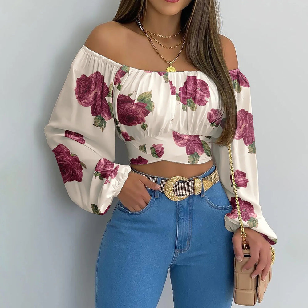Casual Slim Off Shoulder Lantern Long Sleeve Lace Up Cropped Tops Mssza