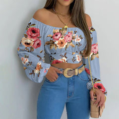Casual Slim Off Shoulder Lantern Long Sleeve Lace Up Printed Cropped Tops Mssza