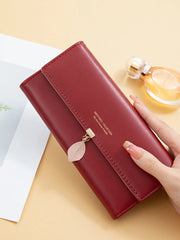 Casual Small Fresh Leaf Pendant Three Fold Long Zipper Pu Leather Money Coin Holder Long Purse Clutch Wallets Mssza