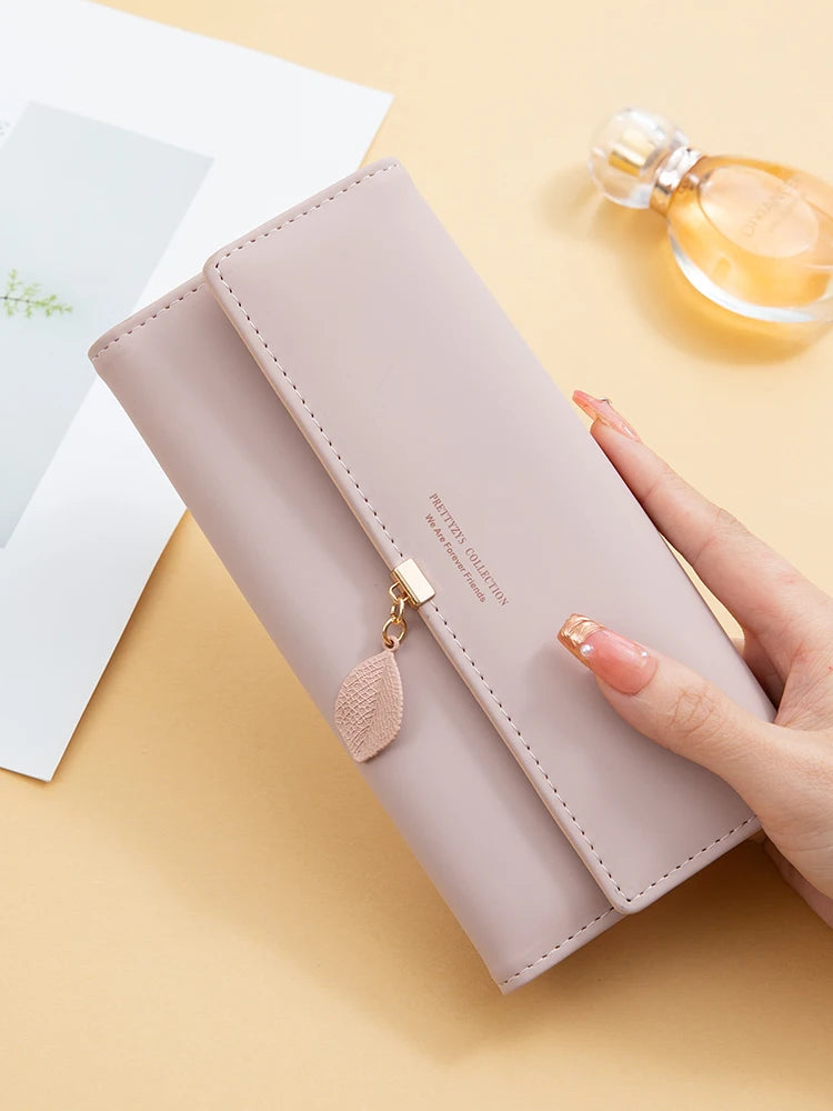 Casual Small Fresh Leaf Pendant Three Fold Long Zipper Pu Leather Money Coin Holder Long Purse Clutch Wallets Mssza