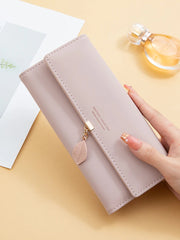 Casual Small Fresh Leaf Pendant Three Fold Long Zipper Pu Leather Money Coin Holder Long Purse Clutch Wallets Mssza