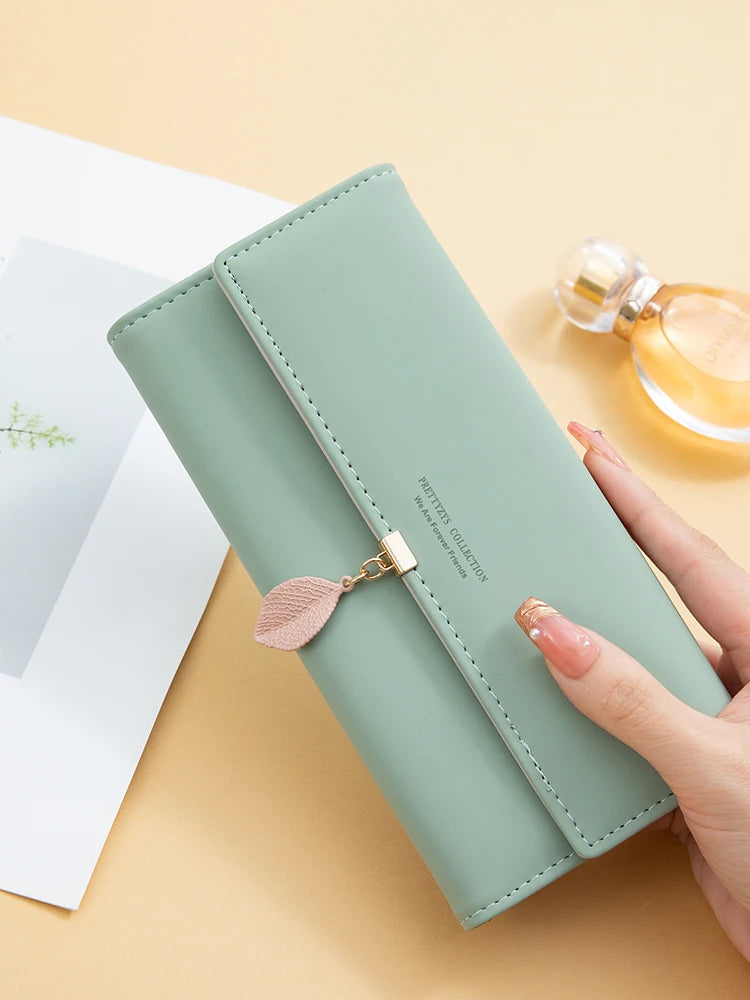Casual Small Fresh Leaf Pendant Three Fold Long Zipper Pu Leather Money Coin Holder Long Purse Clutch Wallets Mssza