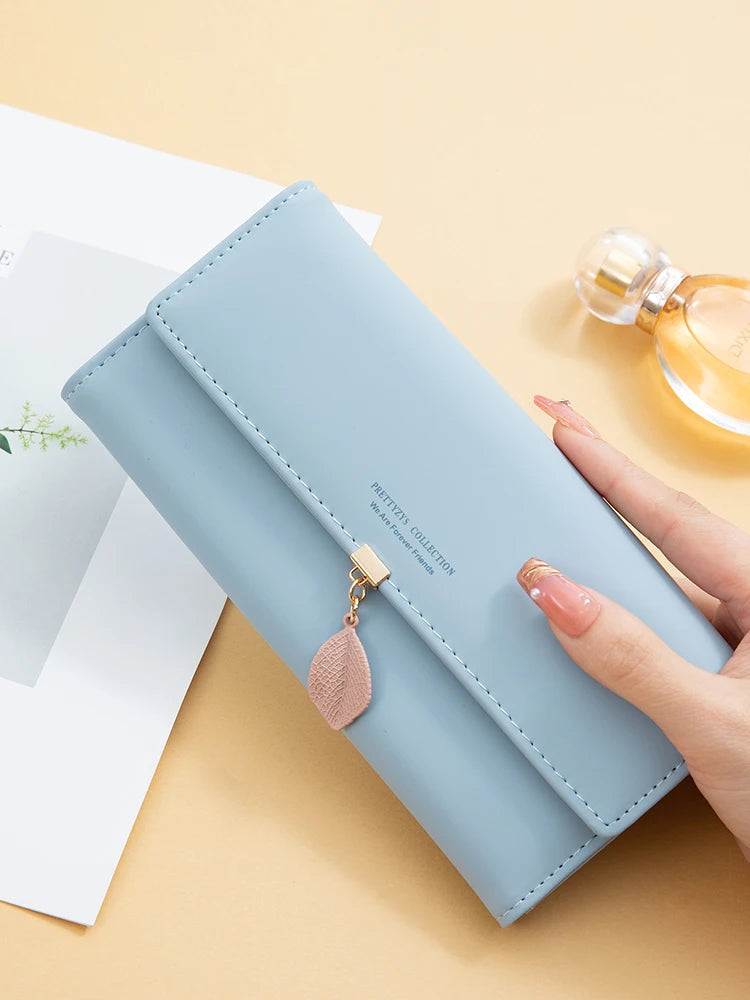 Casual Small Fresh Leaf Pendant Three Fold Long Zipper Pu Leather Money Coin Holder Long Purse Clutch Wallets Mssza