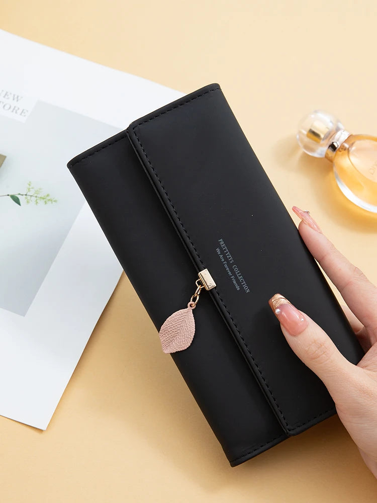 Casual Small Fresh Leaf Pendant Three Fold Long Zipper Pu Leather Money Coin Holder Long Purse Clutch Wallets Mssza