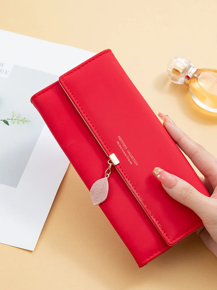 Casual Small Fresh Leaf Pendant Three Fold Long Zipper Pu Leather Money Coin Holder Long Purse Clutch Wallets Mssza