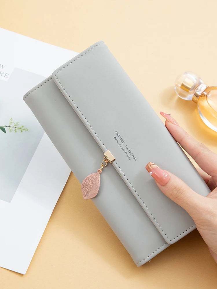 Casual Small Fresh Leaf Pendant Three Fold Long Zipper Pu Leather Money Coin Holder Long Purse Clutch Wallets Mssza