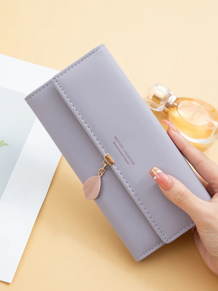 Casual Small Fresh Leaf Pendant Three Fold Long Zipper Pu Leather Money Coin Holder Long Purse Clutch Wallets Mssza