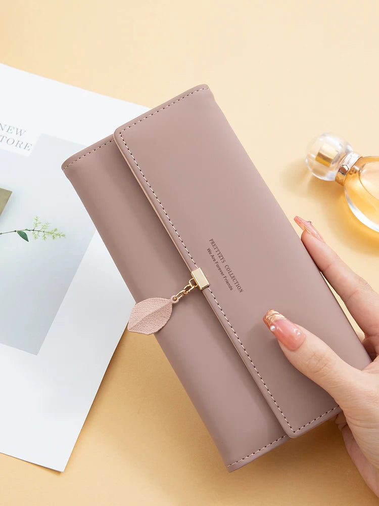 Casual Small Fresh Leaf Pendant Three Fold Long Zipper Pu Leather Money Coin Holder Long Purse Clutch Wallets Mssza