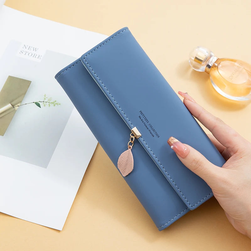 Casual Small Fresh Leaf Pendant Three Fold Long Zipper Pu Leather Money Coin Holder Long Purse Clutch Wallets Mssza