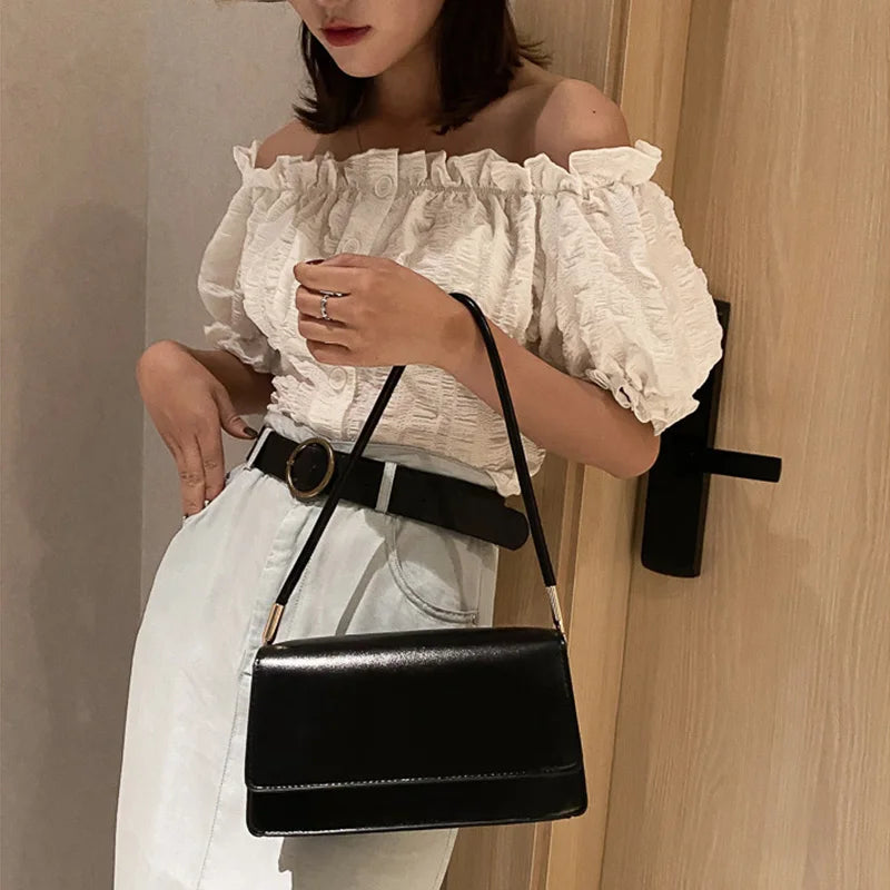 Casual Small Square PU Leather Armpit Solid Color Versatile Shoulder Bag Mssza