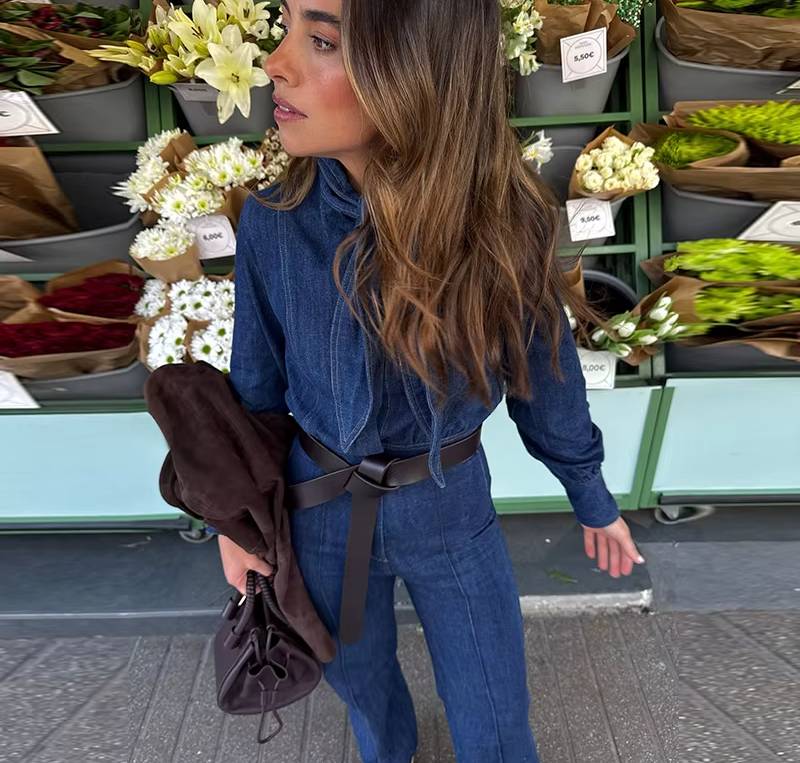 Casual Soft Comfortable Long-Sleeve Denim Jumpsuit Streetwear Mssza