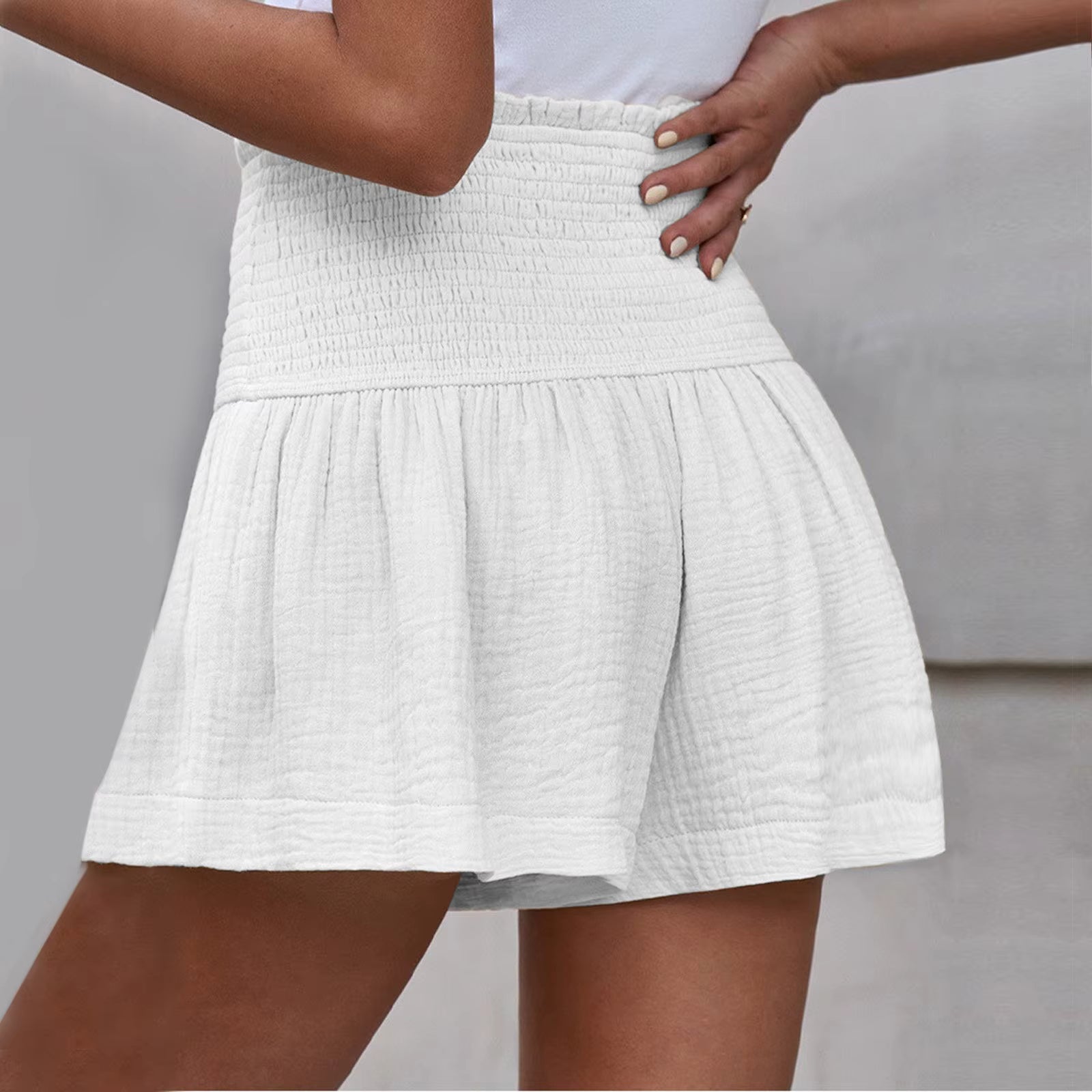 Casual Solid Color Breathable Elastic Waist Wide Leg Shorts Mssza