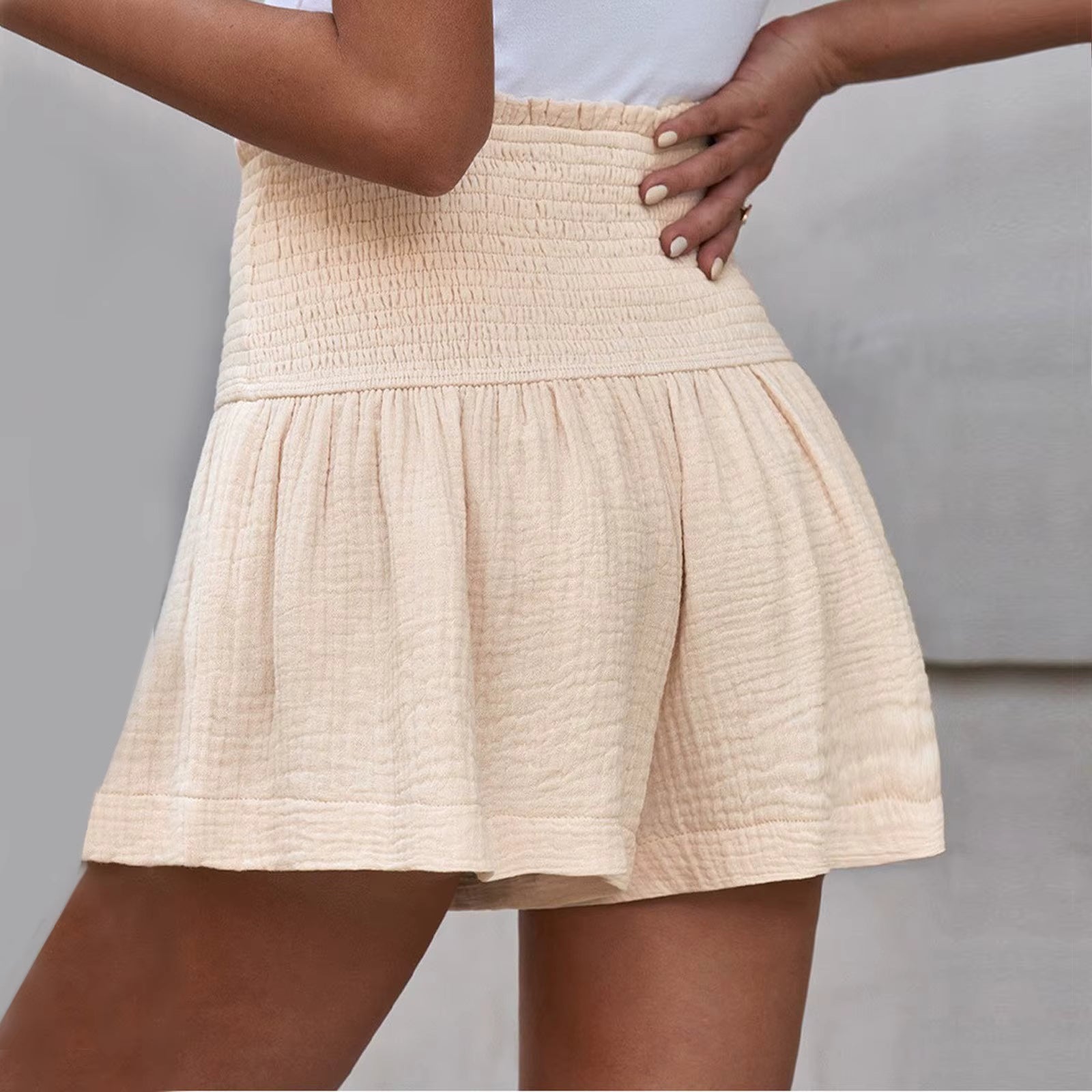 Casual Solid Color Breathable Elastic Waist Wide Leg Shorts Mssza