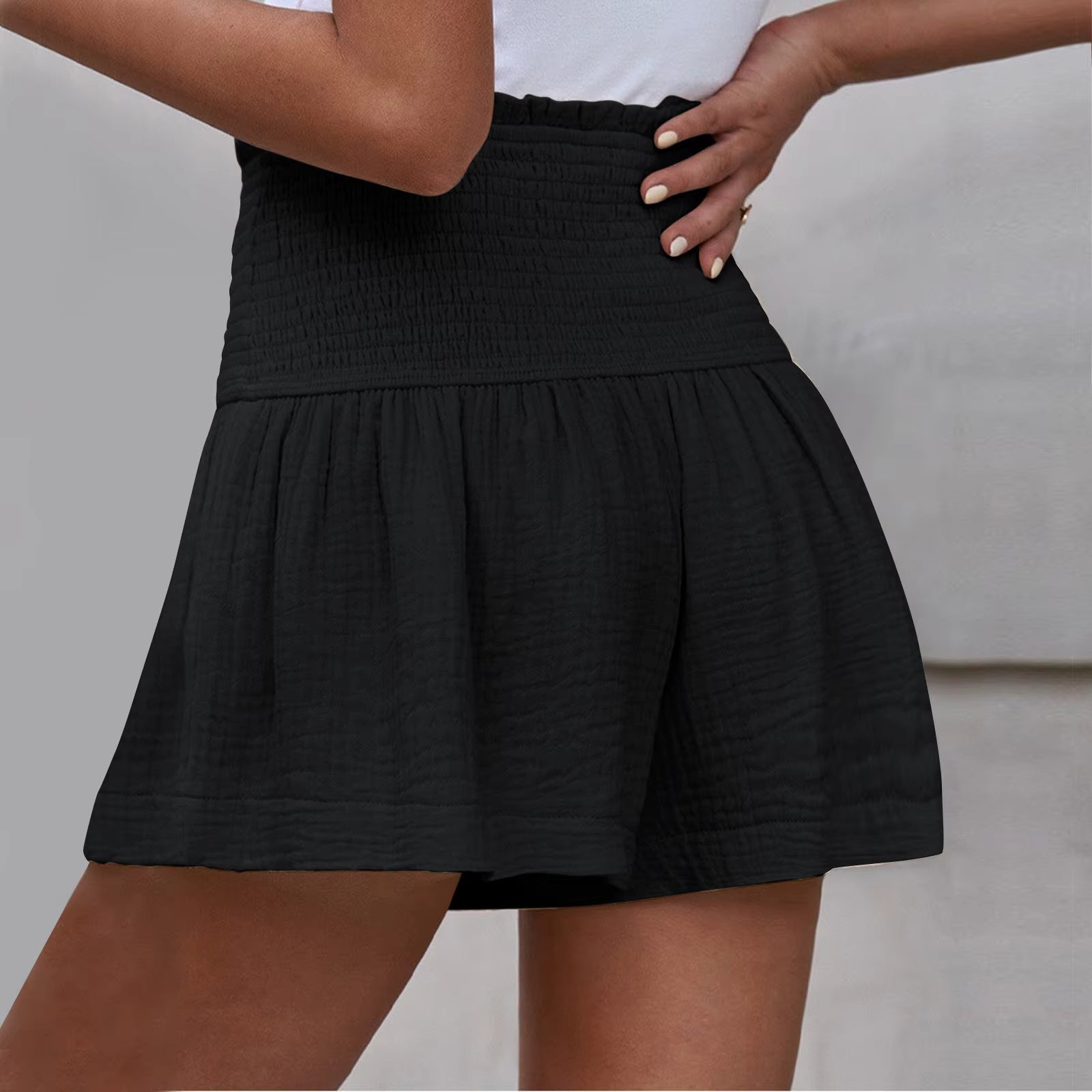 Casual Solid Color Breathable Elastic Waist Wide Leg Shorts Mssza