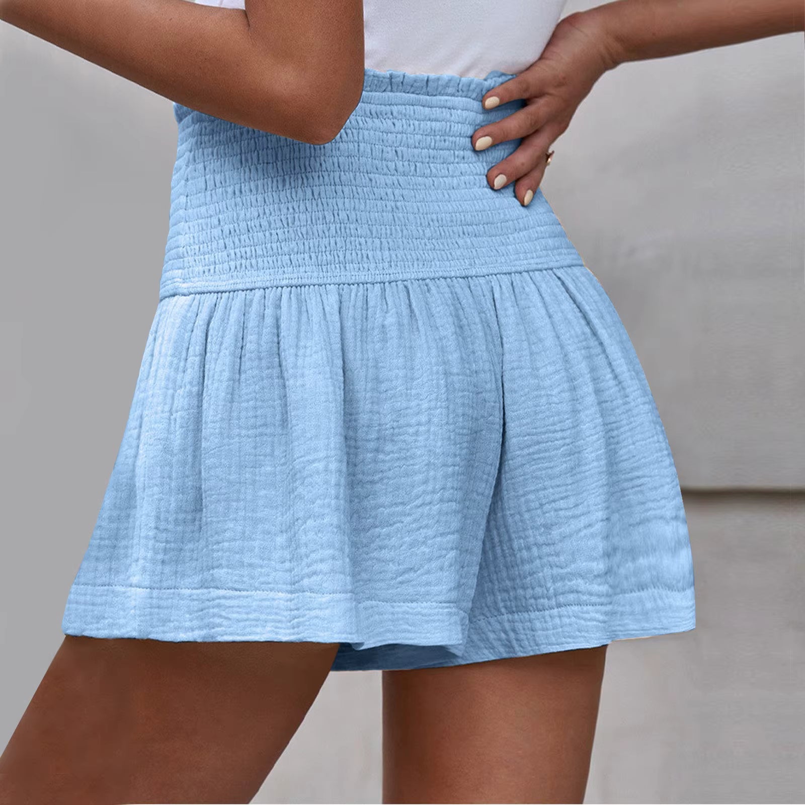 Casual Solid Color Breathable Elastic Waist Wide Leg Shorts Mssza