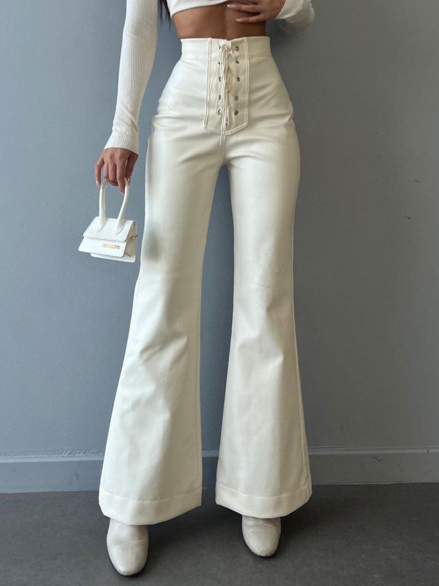 Casual Solid Color Drawstring Raised Waist Trousers PU Leather Pants Mssza