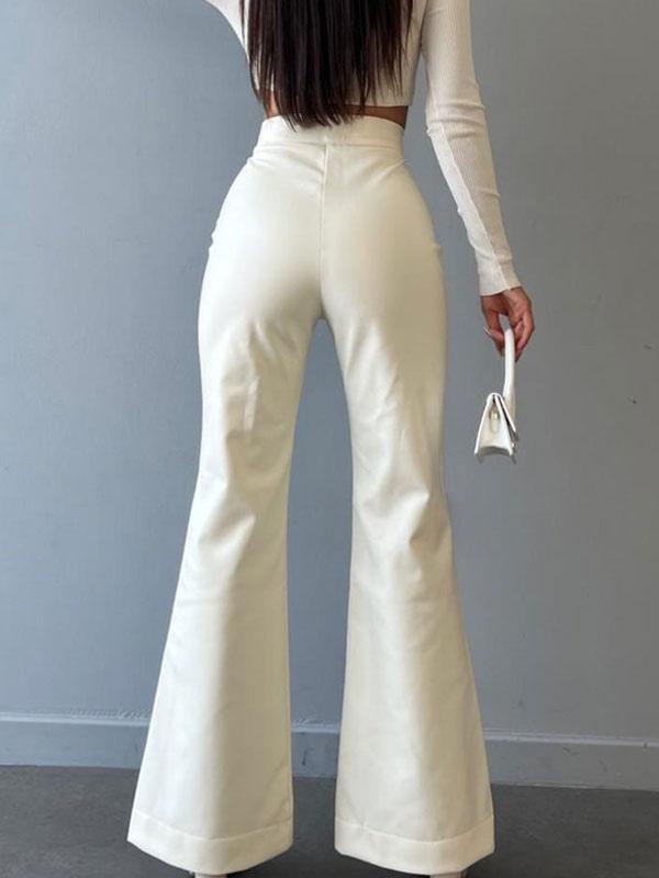 Casual Solid Color Drawstring Raised Waist Trousers PU Leather Pants Mssza
