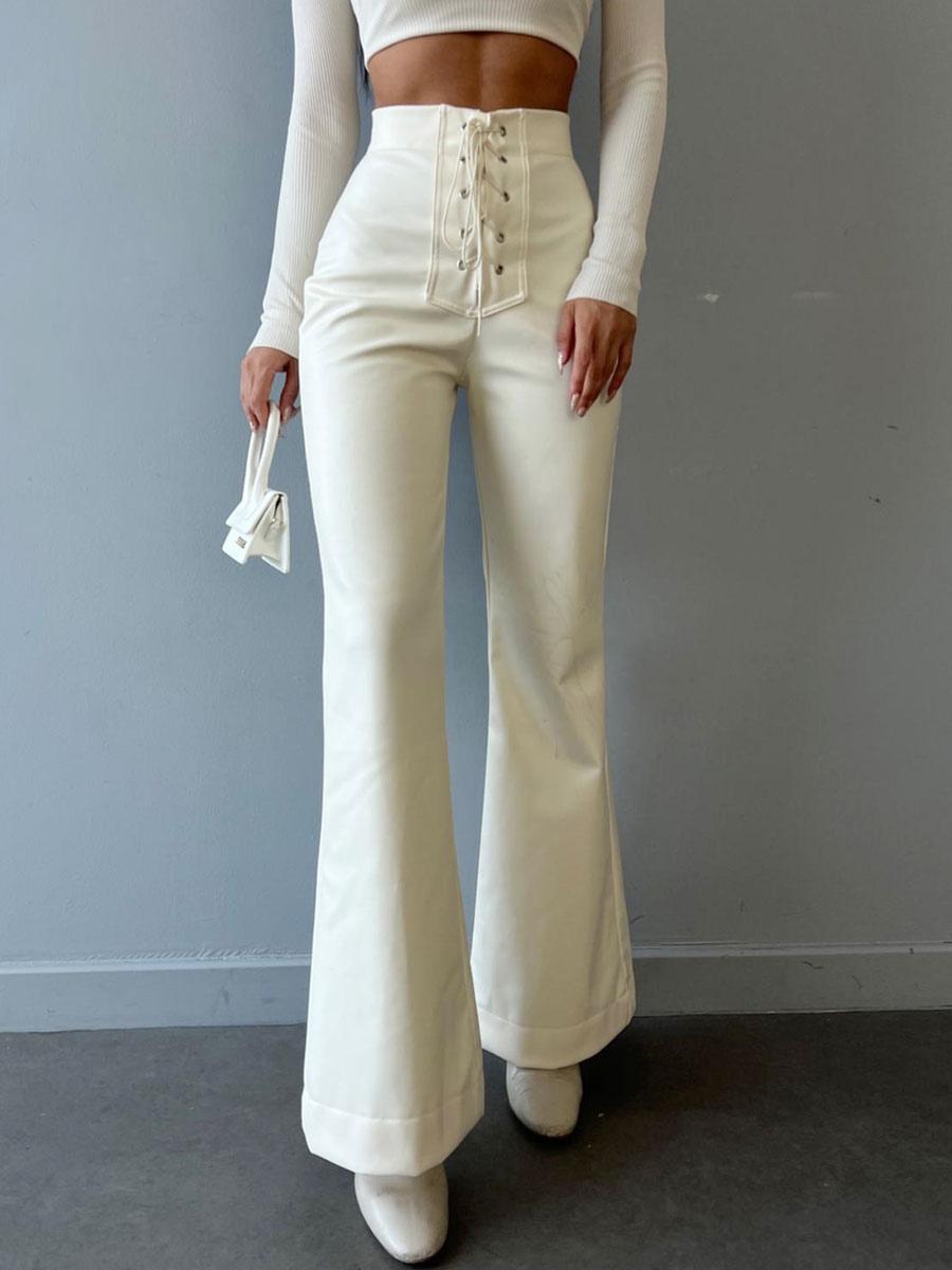 Casual Solid Color Drawstring Raised Waist Trousers PU Leather Pants Mssza