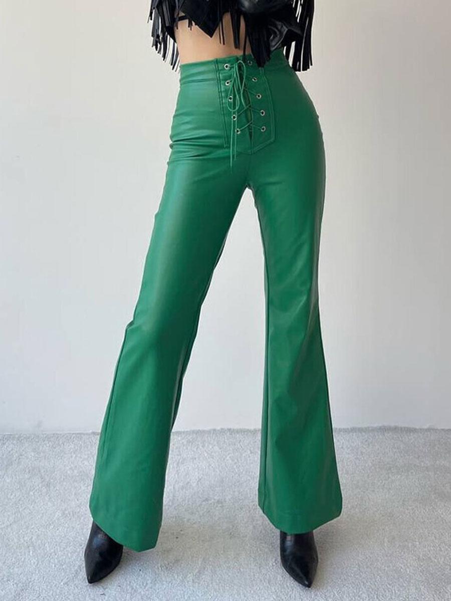 Casual Solid Color Drawstring Raised Waist Trousers PU Leather Pants Mssza