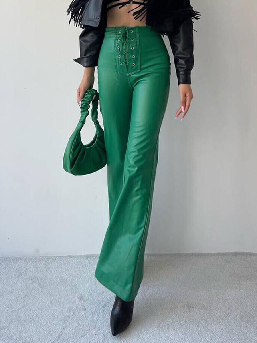 Casual Solid Color Drawstring Raised Waist Trousers PU Leather Pants Mssza