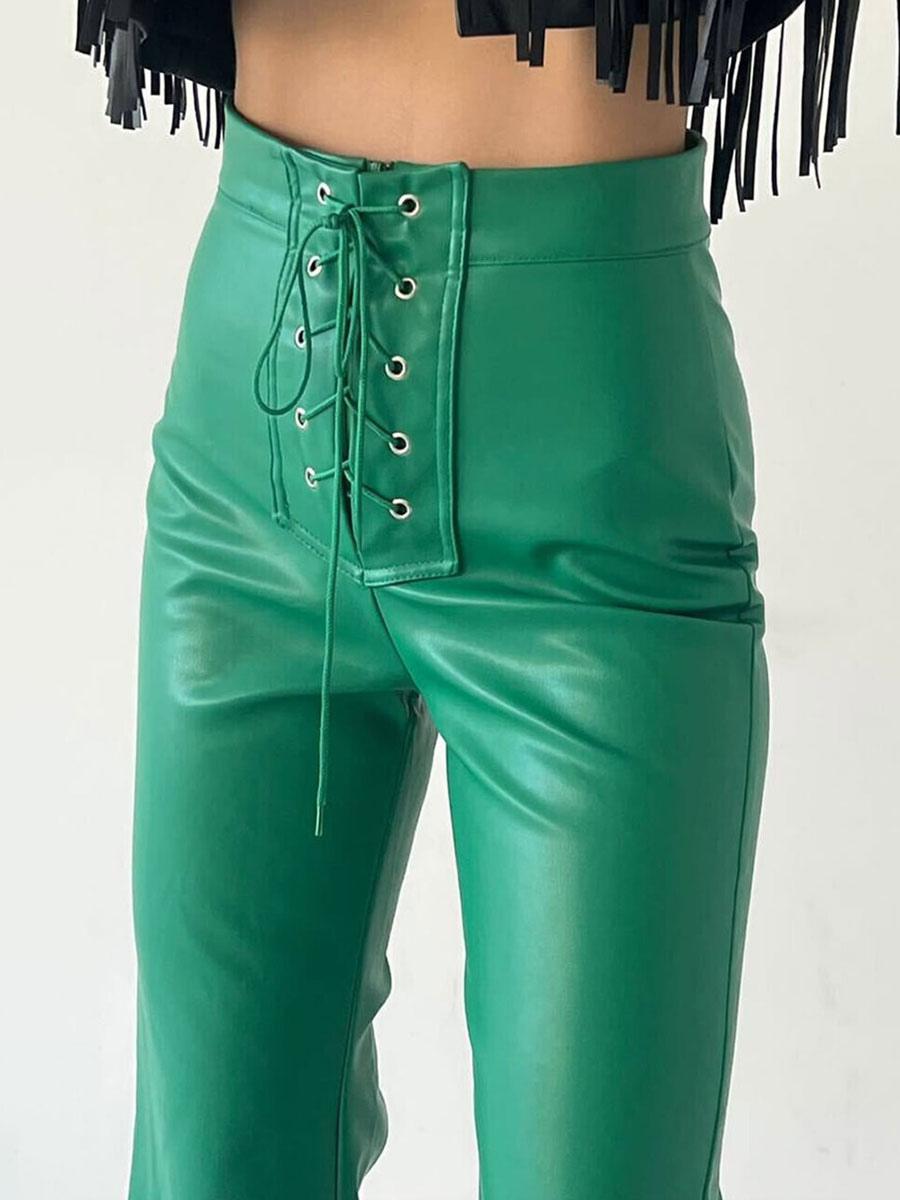 Casual Solid Color Drawstring Raised Waist Trousers PU Leather Pants Mssza
