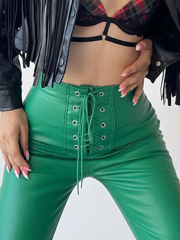 Casual Solid Color Drawstring Raised Waist Trousers PU Leather Pants Mssza