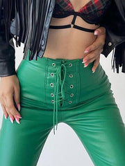 Casual Solid Color Drawstring Raised Waist Trousers PU Leather Pants Mssza