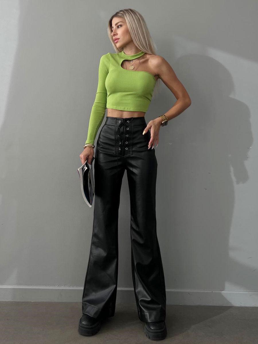 Casual Solid Color Drawstring Raised Waist Trousers PU Leather Pants Mssza